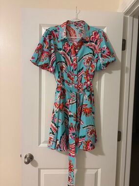 Vibrant Turquoise Floral Button-Up Dress with Tie Waist